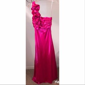 Long pink formal dress with one shoulder strap